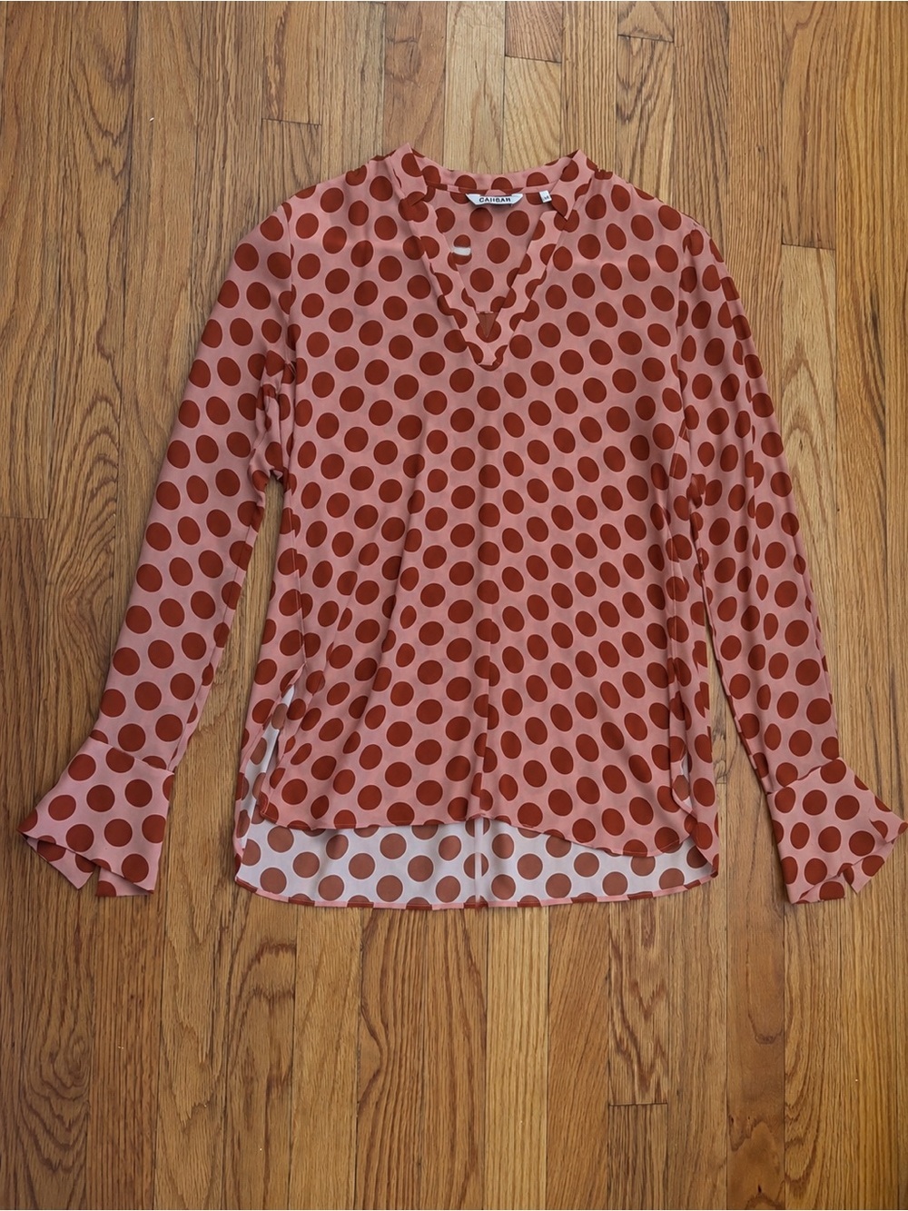 Caliban 100% Silk Polka Dot Blouse Pink Brown Long Sleeve Made in Italy IT 40